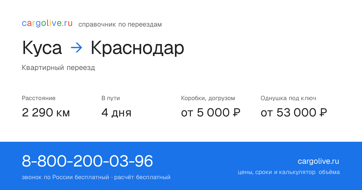 Переезд из Кусы в Краснодар: 2 290 км, 4 дня в пути, от 5 000 ₽