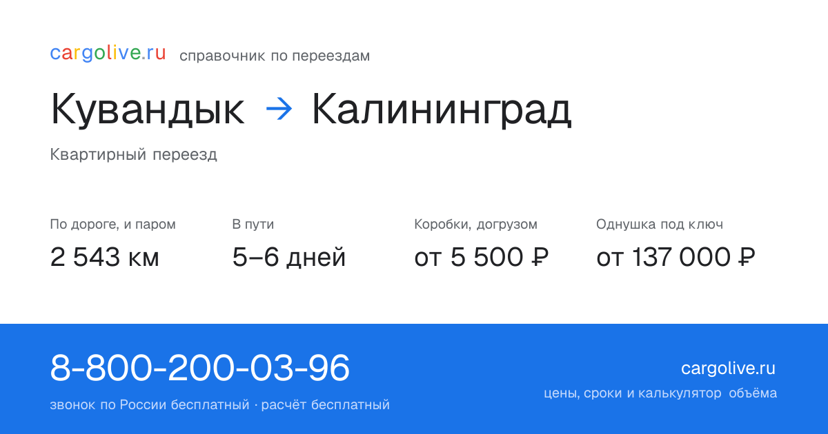 Переезд из Кувандыка в Калининград: 2 543 км по дороге и паром, 5–6 дней в пути, от 5 500 ₽
