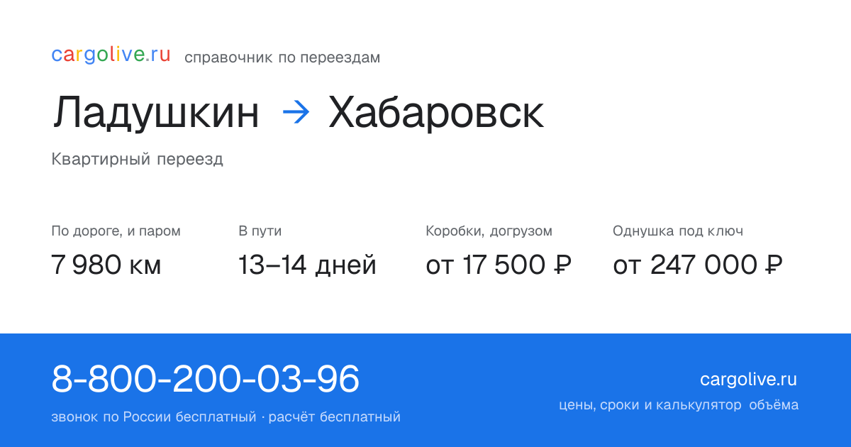 Переезд из Ладушкина в Хабаровск: 7 980 км по дороге и паром, 13–14 дней в пути, от 17 500 ₽
