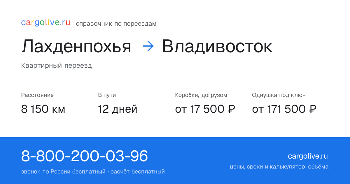 Переезд из Лахденпохьи во Владивосток: 8 150 км, 12 дней в пути, от 17 500 ₽