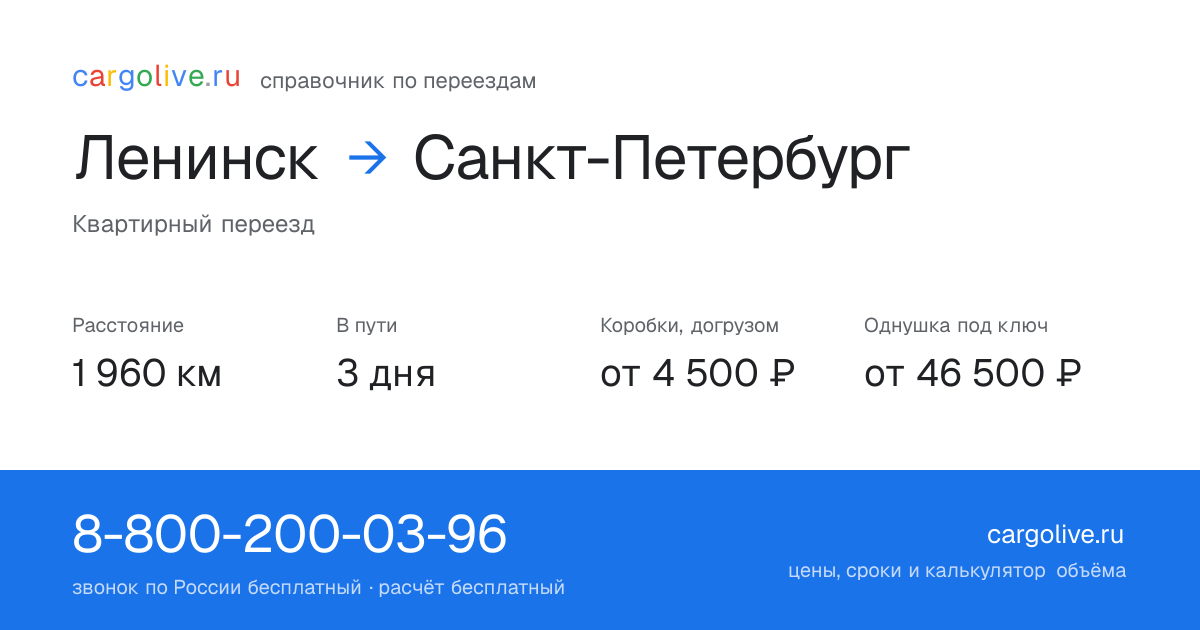 Переезд из Ленинска в Санкт-Петербург: 1 960 км, 3 дня в пути, от 4 500 ₽