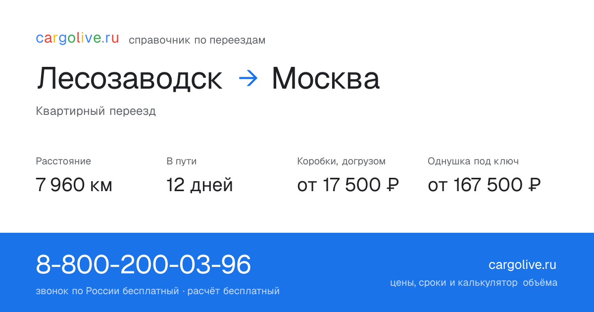 Переезд из Лесозаводска в Москву: 7 960 км, 12 дней в пути, от 17 500 ₽