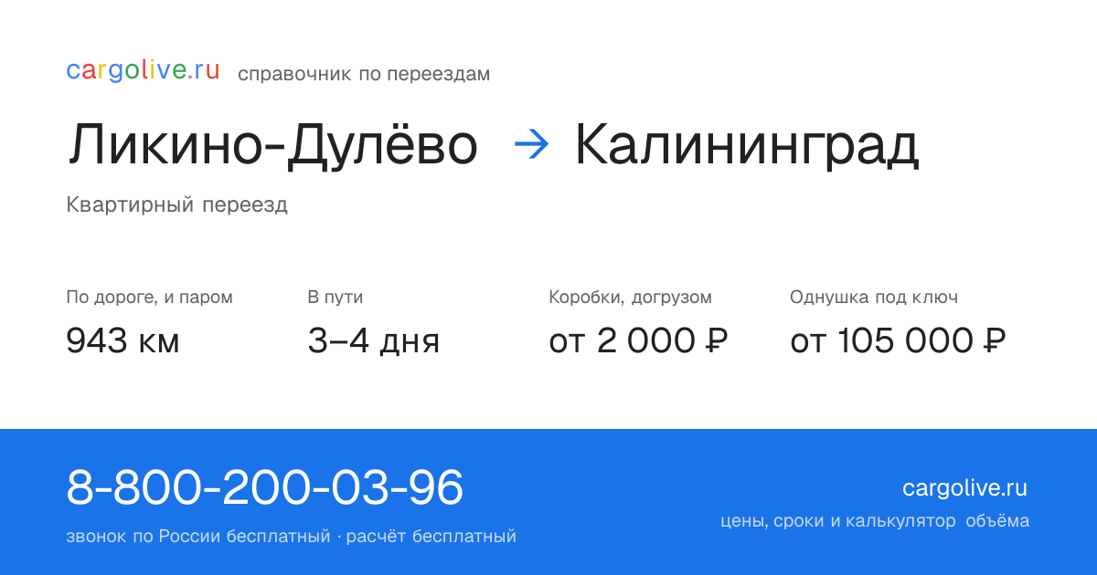 Переезд из Ликино-Дулёва в Калининград: 943 км по дороге и паром, 3–4 дня в пути, от 2 000 ₽