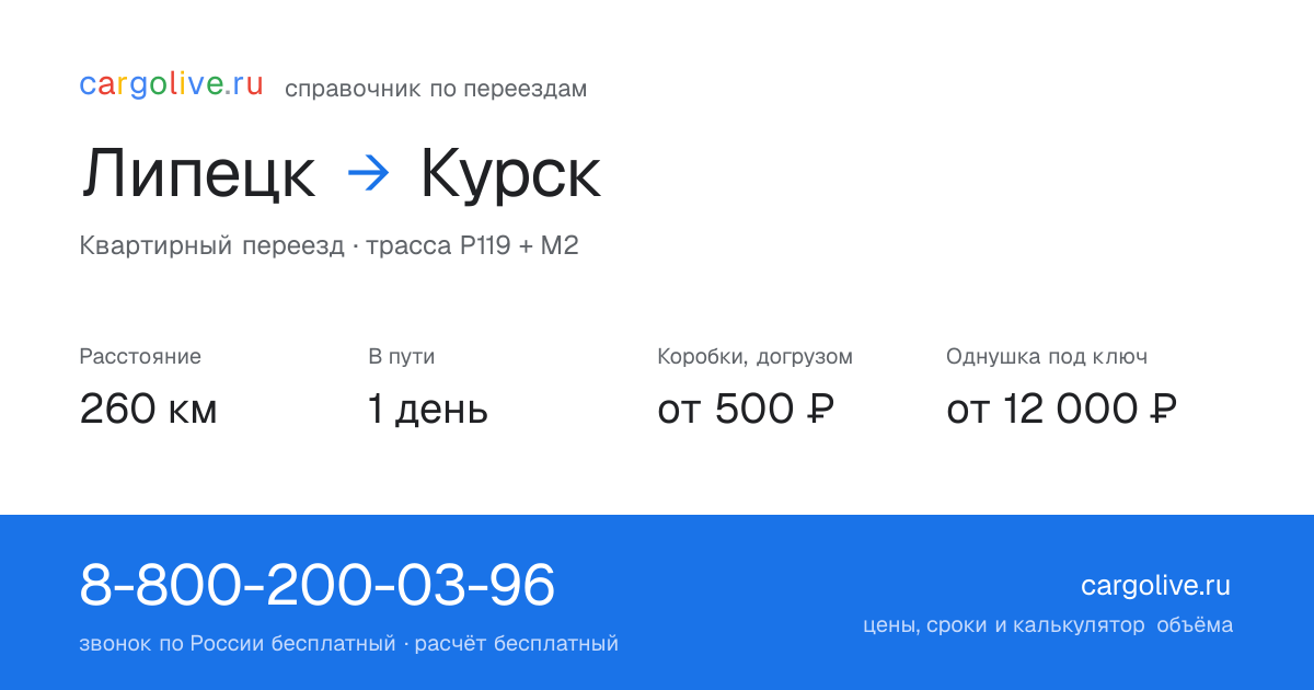 Переезд из Липецка в Курск: 260 км, 1 день в пути, от 2 000 ₽