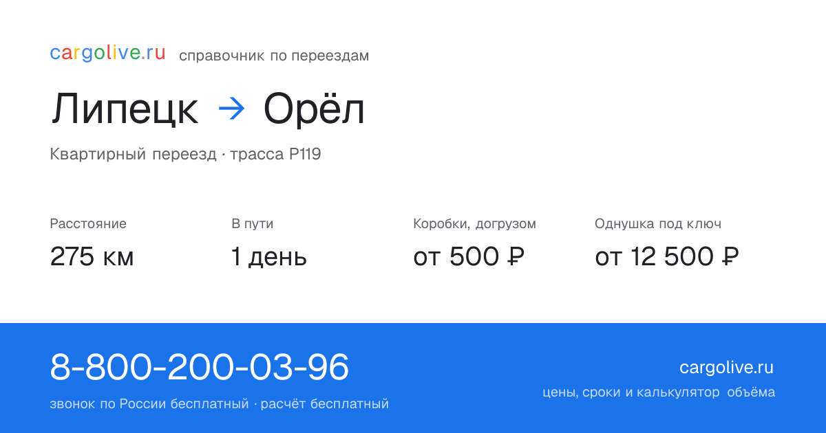 Переезд из Липецка в Орёл: 275 км, 1 день в пути, от 2 000 ₽