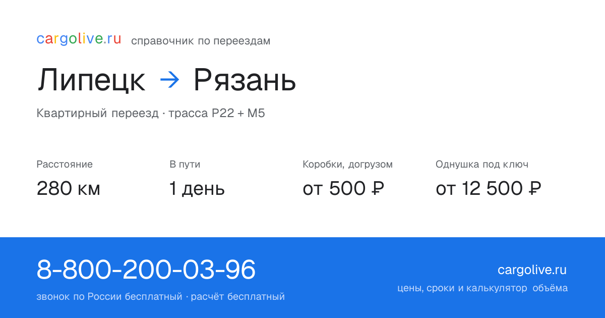 Переезд из Липецка в Рязань: 280 км, 1 день в пути, от 2 000 ₽