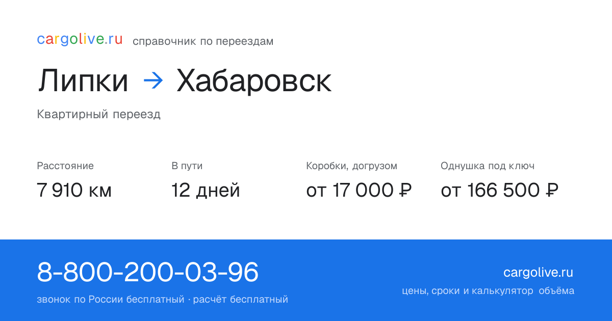 Переезд из Липок в Хабаровск: 7 910 км, 12 дней в пути, от 17 000 ₽