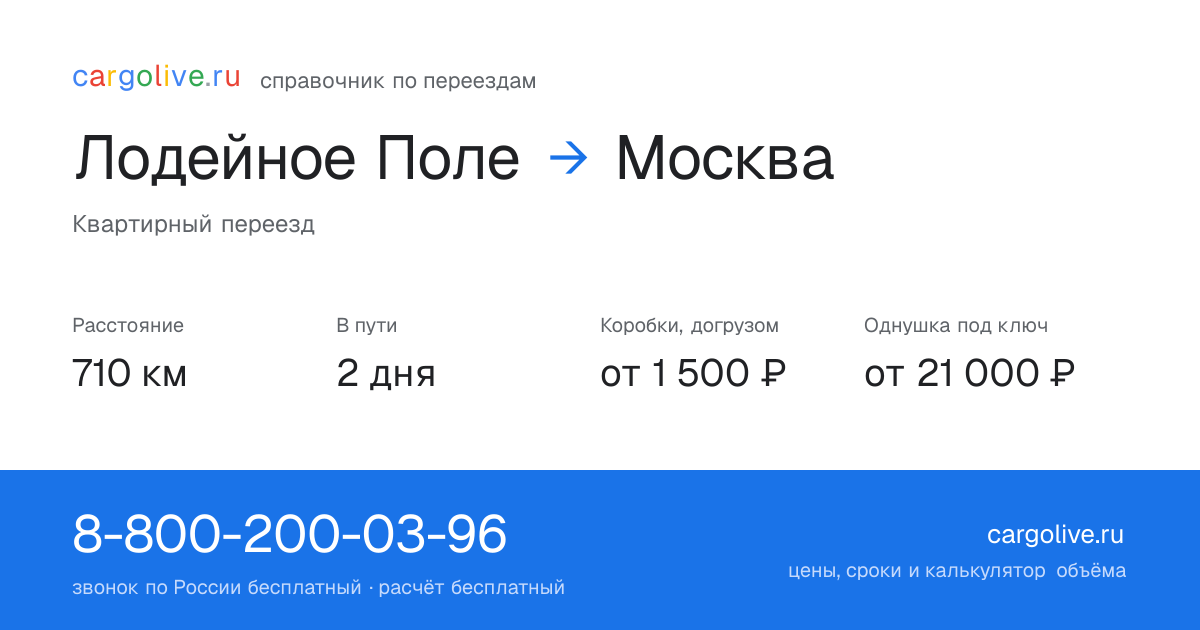 Переезд из Лодейного Поля в Москву: 710 км, 2 дня в пути, от 2 000 ₽