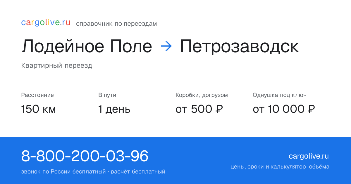 Переезд из Лодейного Поля в Петрозаводск: 150 км, 1 день в пути, от 2 000 ₽