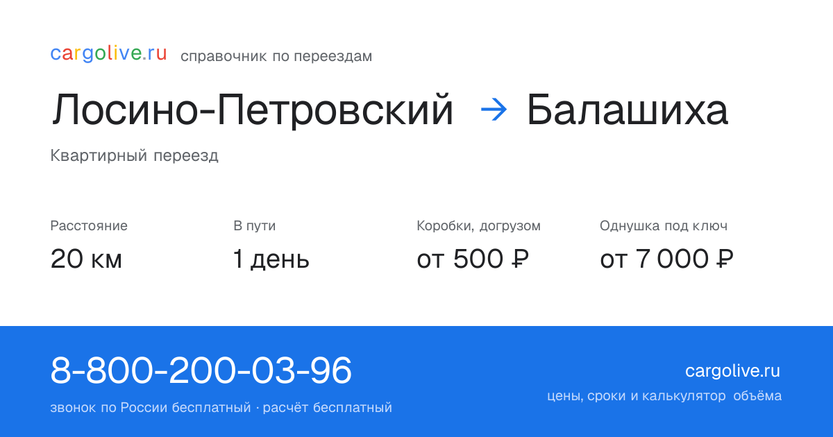 Переезд из Лосино-Петровского в Балашиху: 20 км, 1 день в пути, от 2 000 ₽