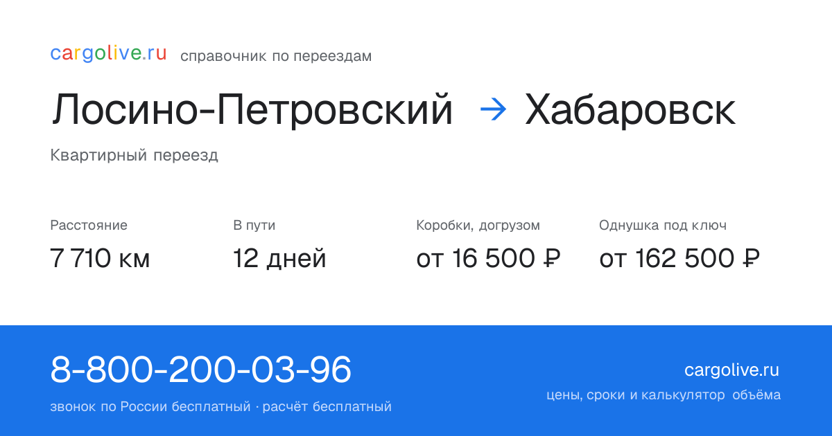 Переезд из Лосино-Петровского в Хабаровск: 7 710 км, 12 дней в пути, от 16 500 ₽