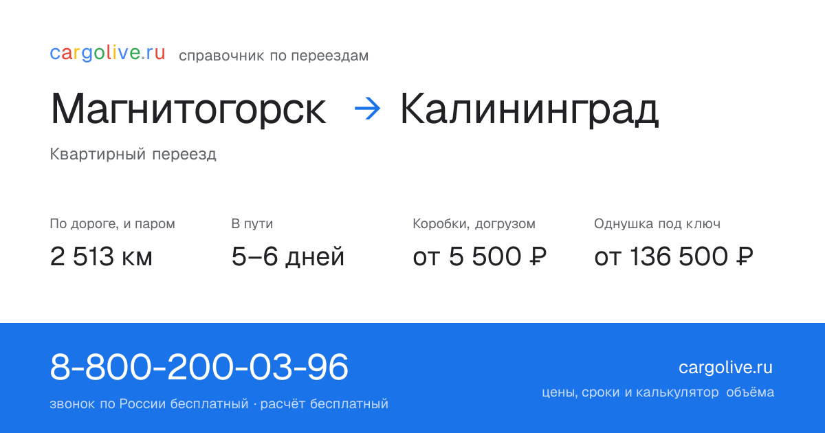 Переезд из Магнитогорска в Калининград: 2 513 км по дороге и паром, 5–6 дней в пути, от 5 500 ₽