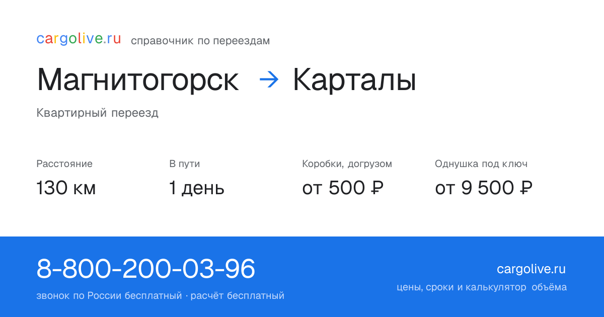 Переезд из Магнитогорска в Карталы: 130 км, 1 день в пути, от 2 000 ₽