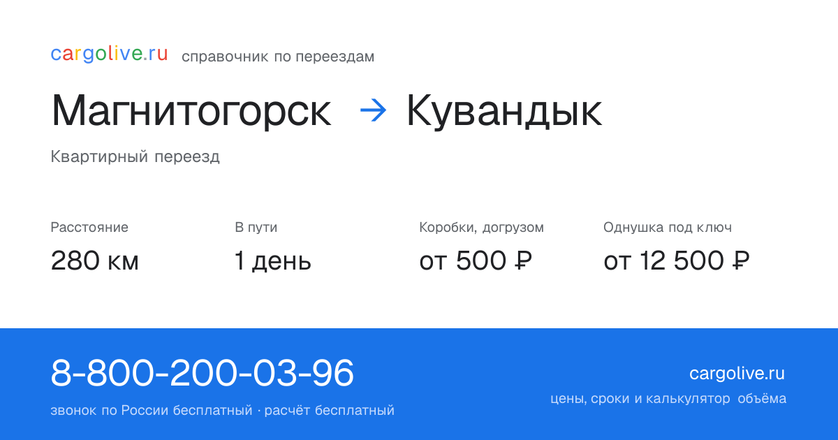Переезд из Магнитогорска в Кувандык: 280 км, 1 день в пути, от 2 000 ₽
