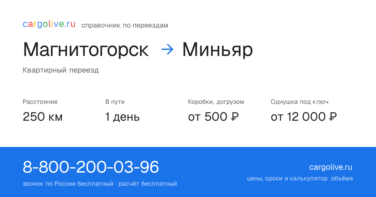 Переезд из Магнитогорска в Миньяр: 250 км, 1 день в пути, от 2 000 ₽