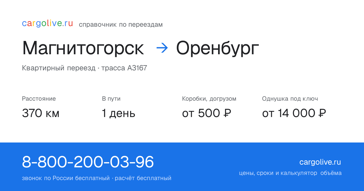 Переезд из Магнитогорска в Оренбург: 370 км, 1 день в пути, от 2 000 ₽