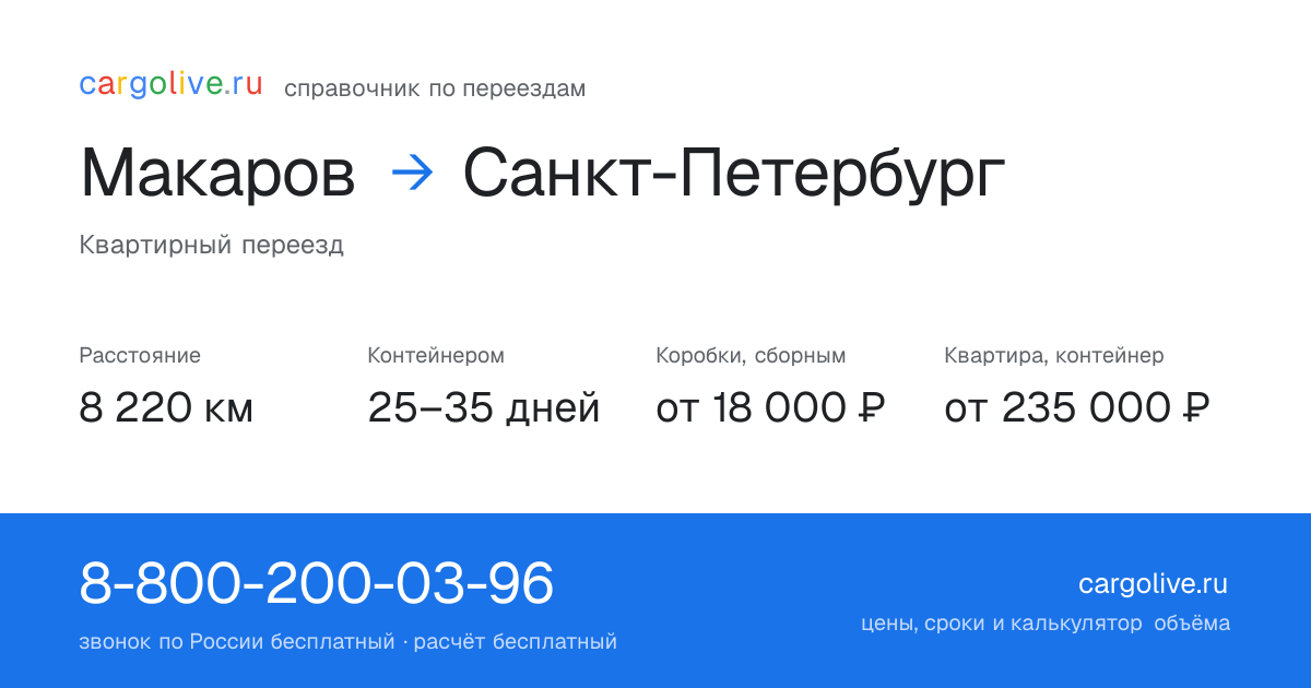 Переезд из Макарова в Санкт-Петербург: 8 220 км, контейнером 25–35 дней, от 18 000 ₽