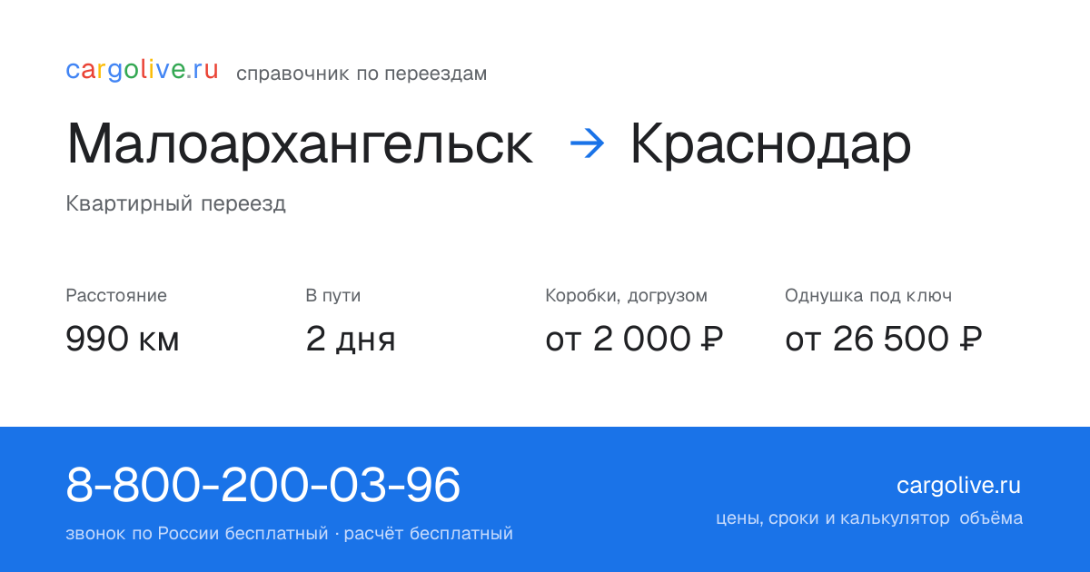 Переезд из Малоархангельска в Краснодар: 990 км, 2 дня в пути, от 2 000 ₽