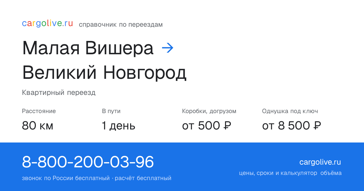 Переезд из Малой Вишеры в Великий Новгород: 80 км, 1 день в пути, от 2 000 ₽