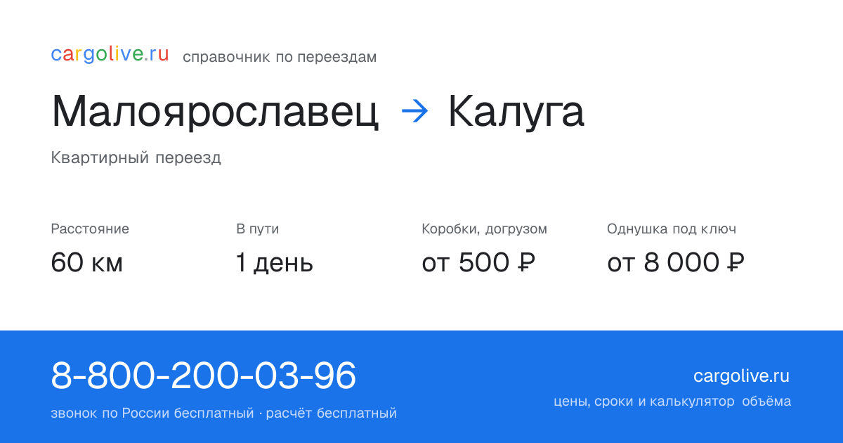 Переезд из Малоярославеца в Калугу: 60 км, 1 день в пути, от 2 000 ₽