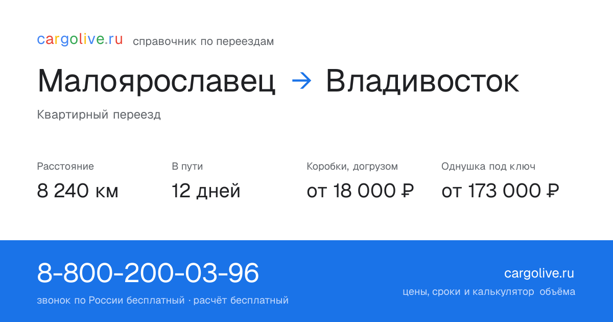 Переезд из Малоярославеца во Владивосток: 8 240 км, 12 дней в пути, от 18 000 ₽