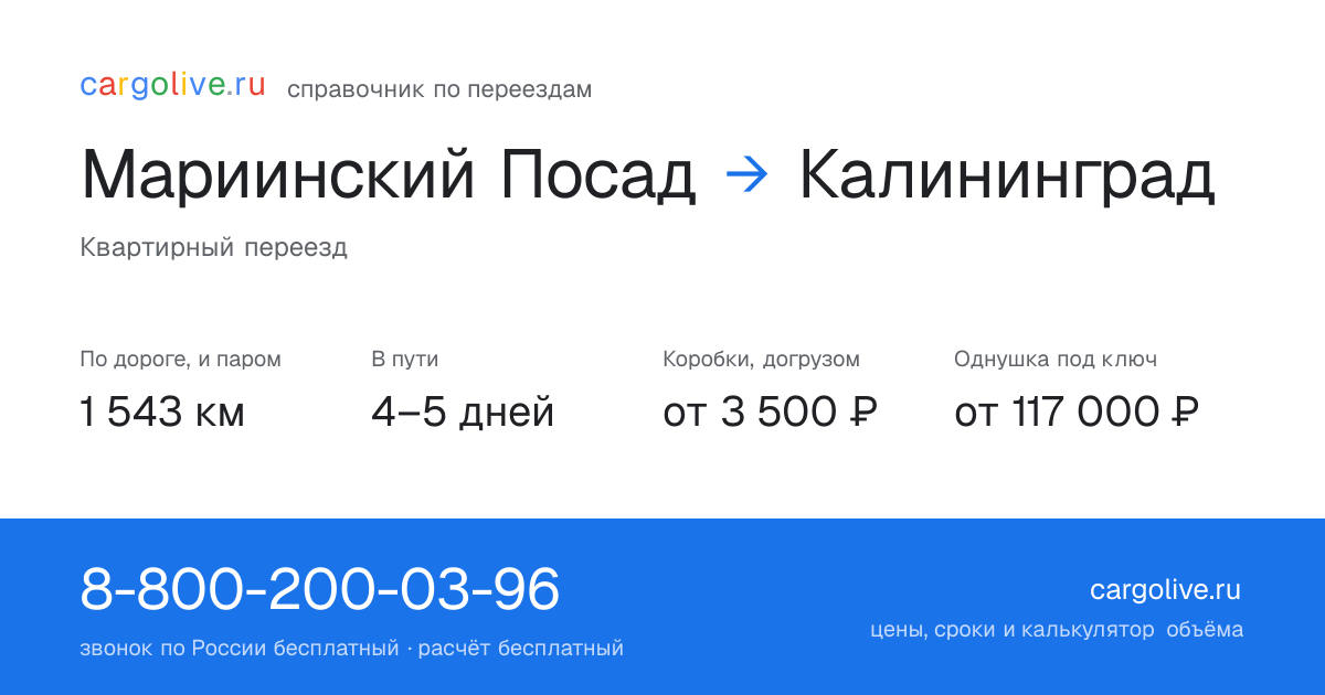 Переезд из Мариинского Посада в Калининград: 1 543 км по дороге и паром, 4–5 дней в пути, от 3 500 ₽