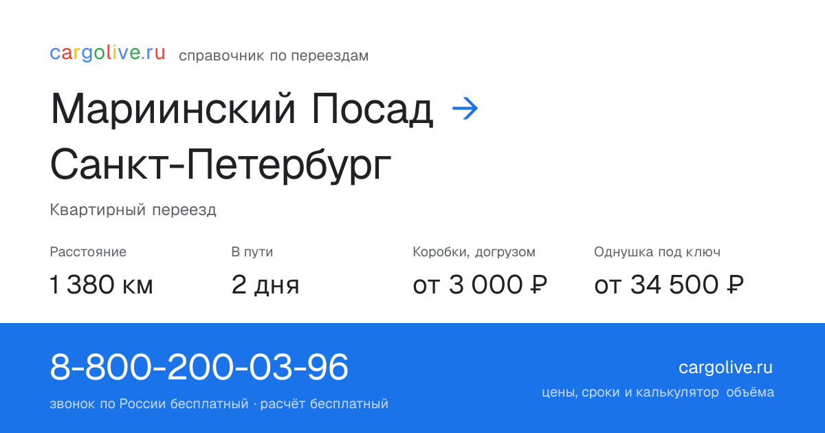 Переезд из Мариинского Посада в Санкт-Петербург: 1 380 км, 2 дня в пути, от 3 000 ₽