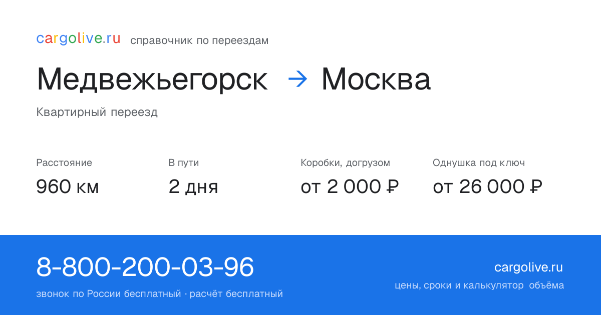 Переезд из Медвежьегорска в Москву: 960 км, 2 дня в пути, от 2 000 ₽