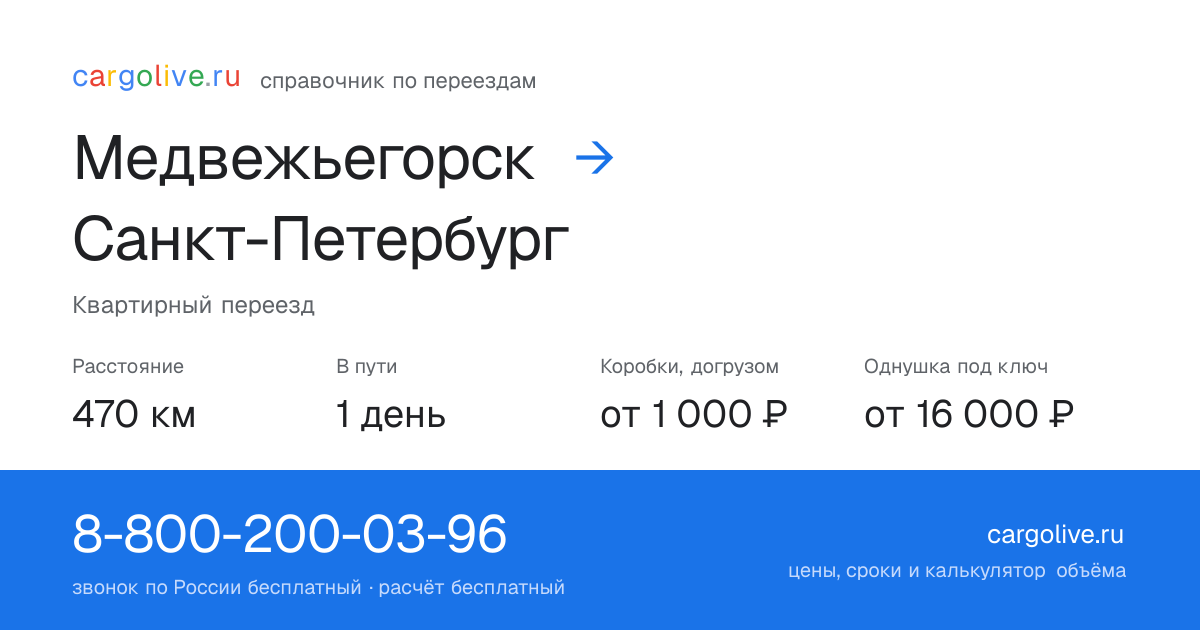 Переезд из Медвежьегорска в Санкт-Петербург: 470 км, 1 день в пути, от 2 000 ₽
