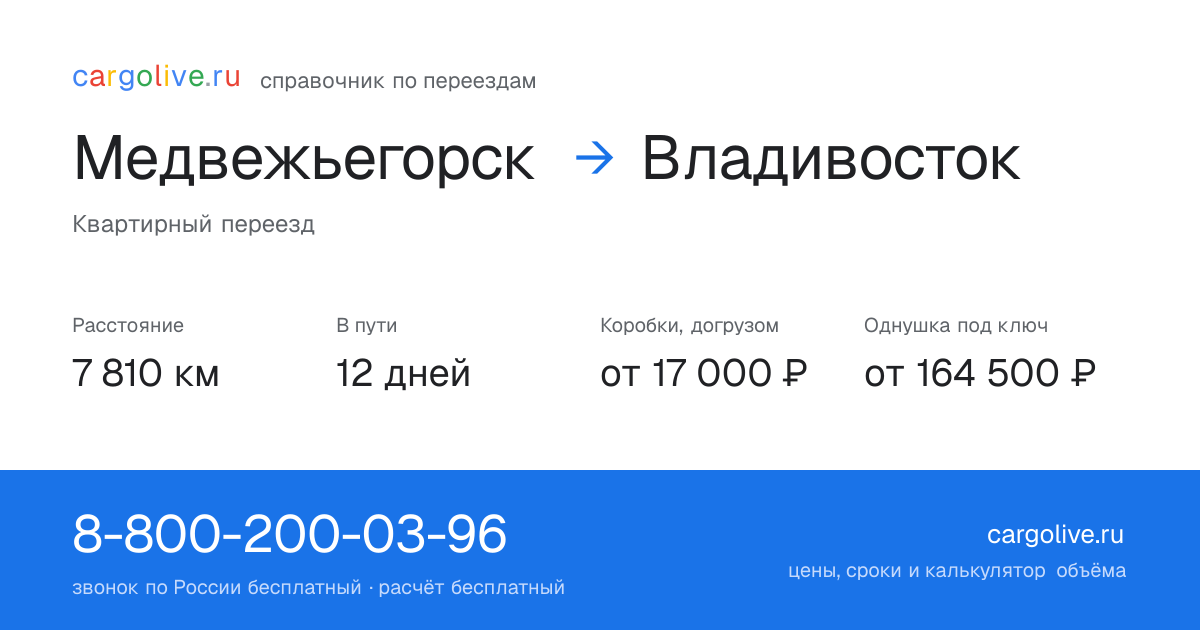 Переезд из Медвежьегорска во Владивосток: 7 810 км, 12 дней в пути, от 17 000 ₽