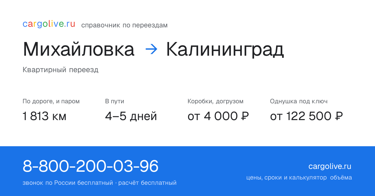 Переезд из Михайловки в Калининград: 1 813 км по дороге и паром, 4–5 дней в пути, от 4 000 ₽