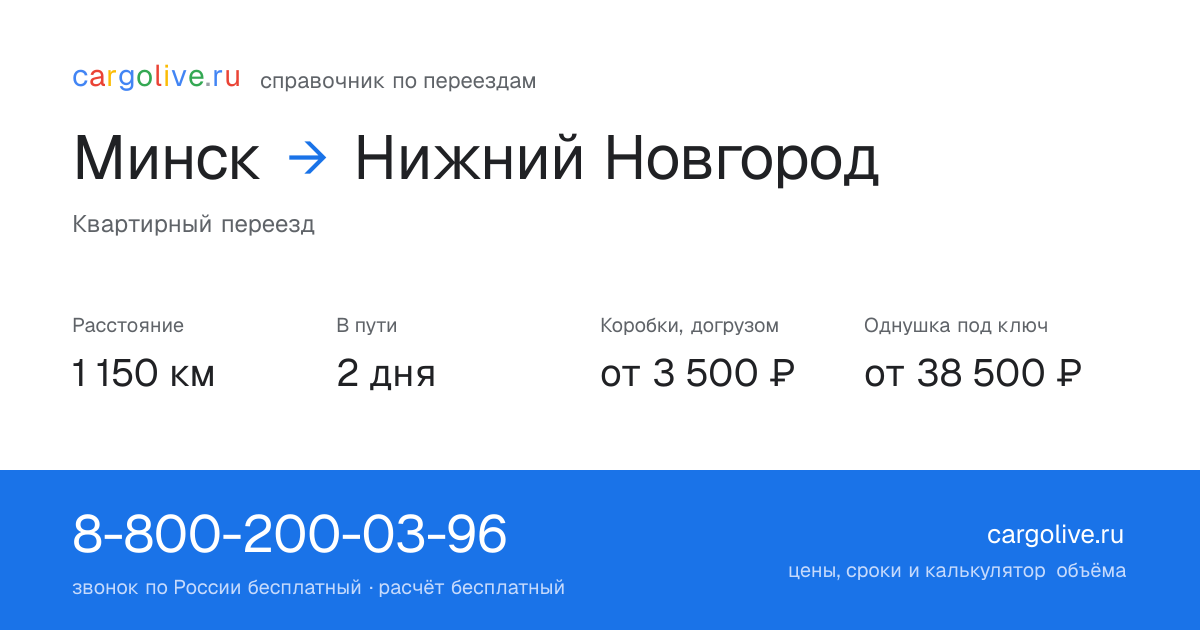 Переезд из Минска в Нижний Новгород: 1 150 км, 2 дня в пути, от 3 500 ₽
