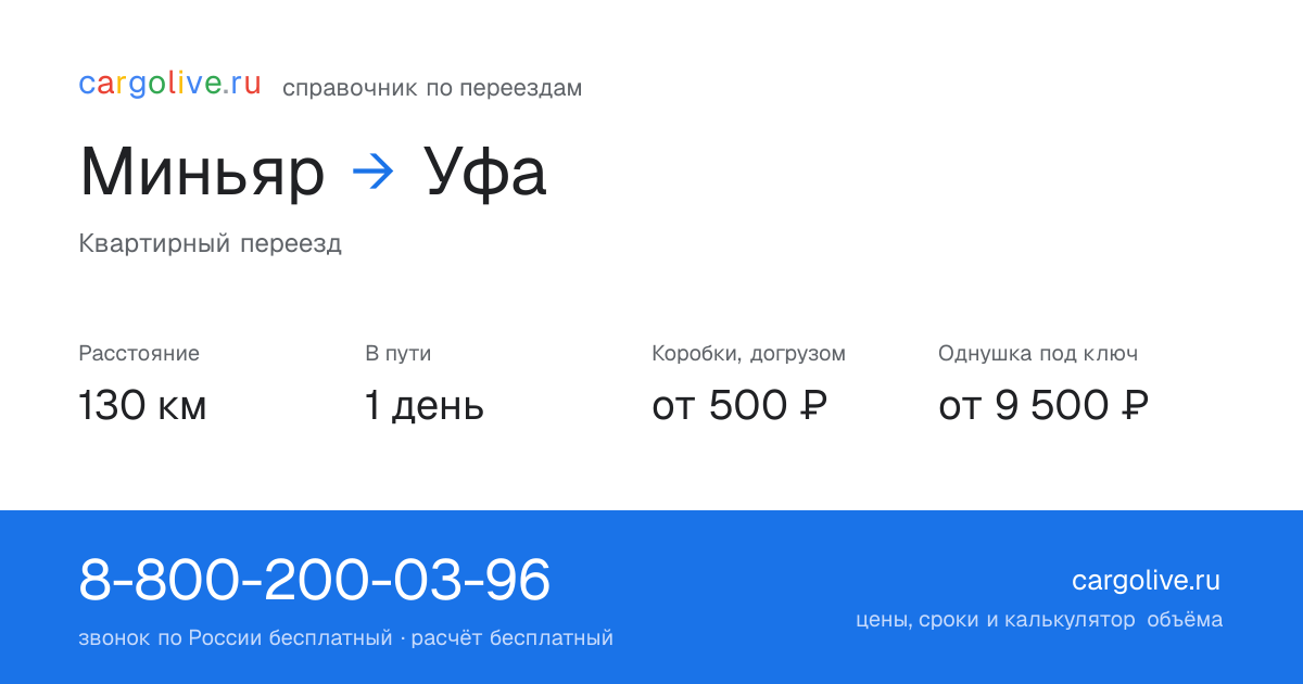 Переезд из Миньяра в Уфу: 130 км, 1 день в пути, от 2 000 ₽