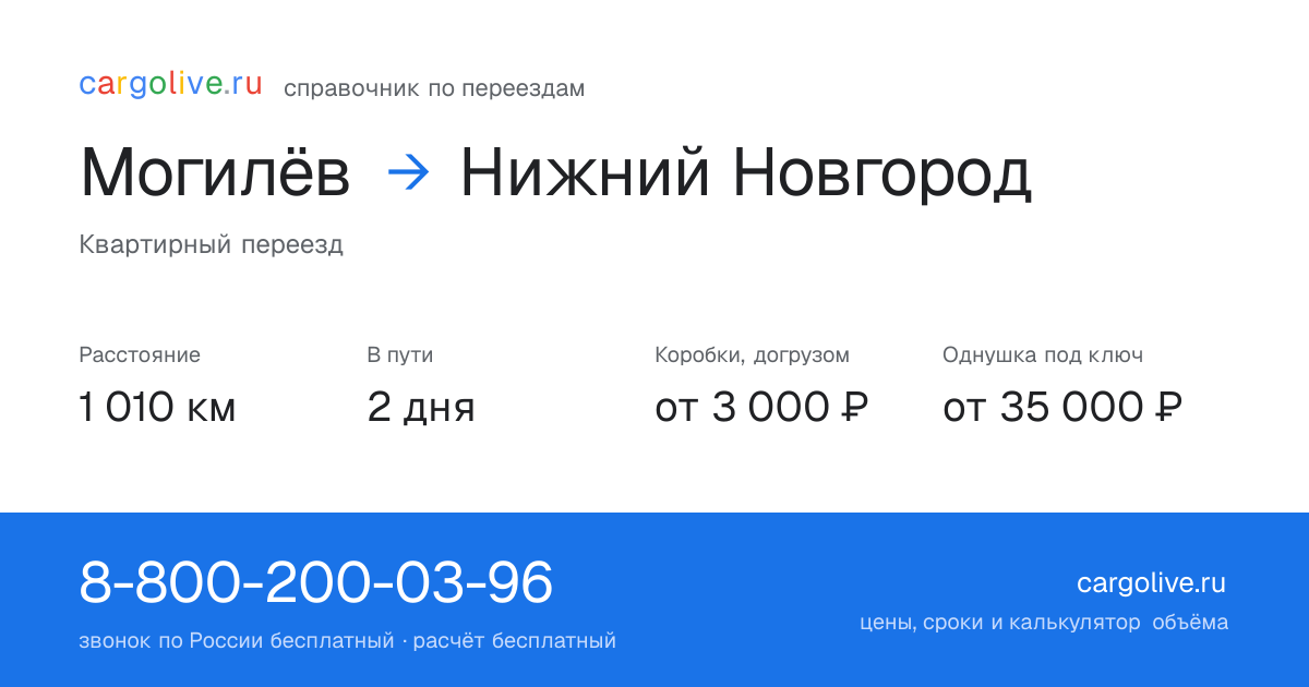 Переезд из Могилёва в Нижний Новгород: 1 010 км, 2 дня в пути, от 3 000 ₽