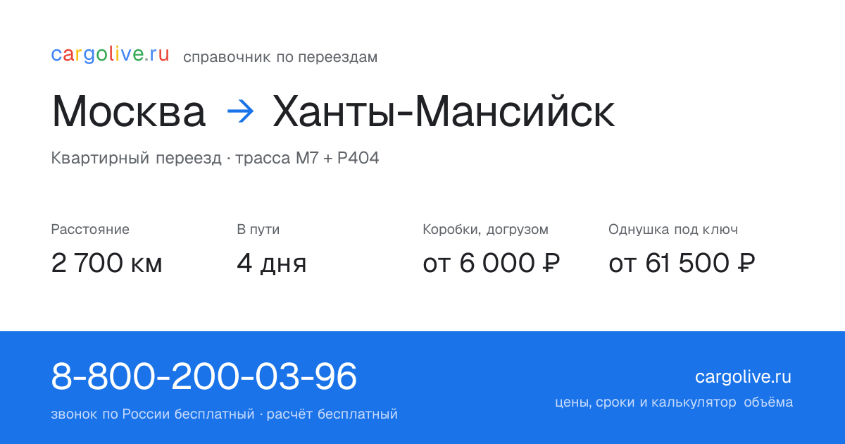 Переезд из Москвы в Ханты-Мансийск: 2 700 км, 4 дня в пути, от 6 000 ₽