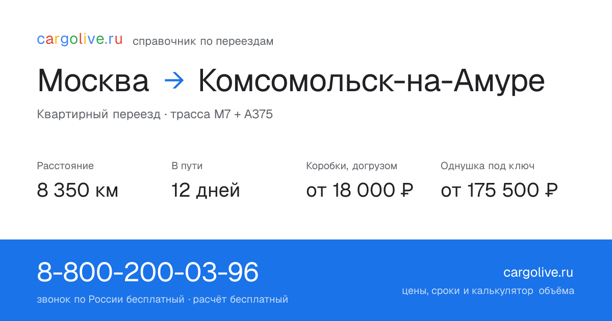 Переезд из Москвы в Комсомольск-на-Амуре: 8 350 км, 12 дней в пути, от 18 000 ₽