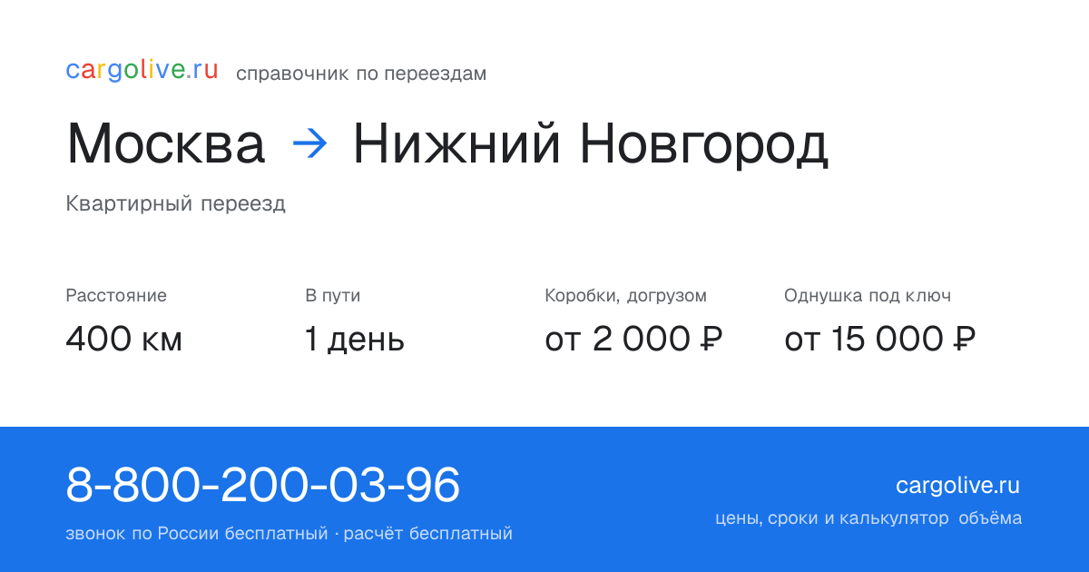 Переезд из Москвы в Нижний Новгород: 400 км, 1 день в пути, от 2 000 ₽