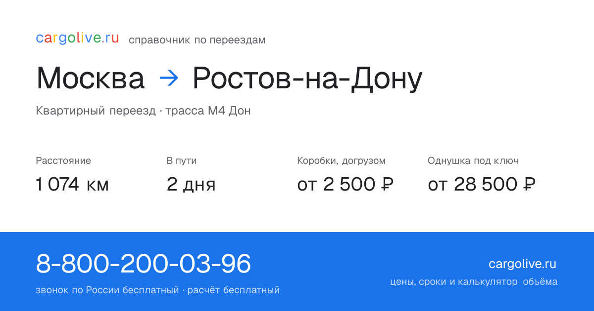 Переезд из Москвы в Ростов-на-Дону: 1 074 км, 2 дня в пути, от 2 500 ₽