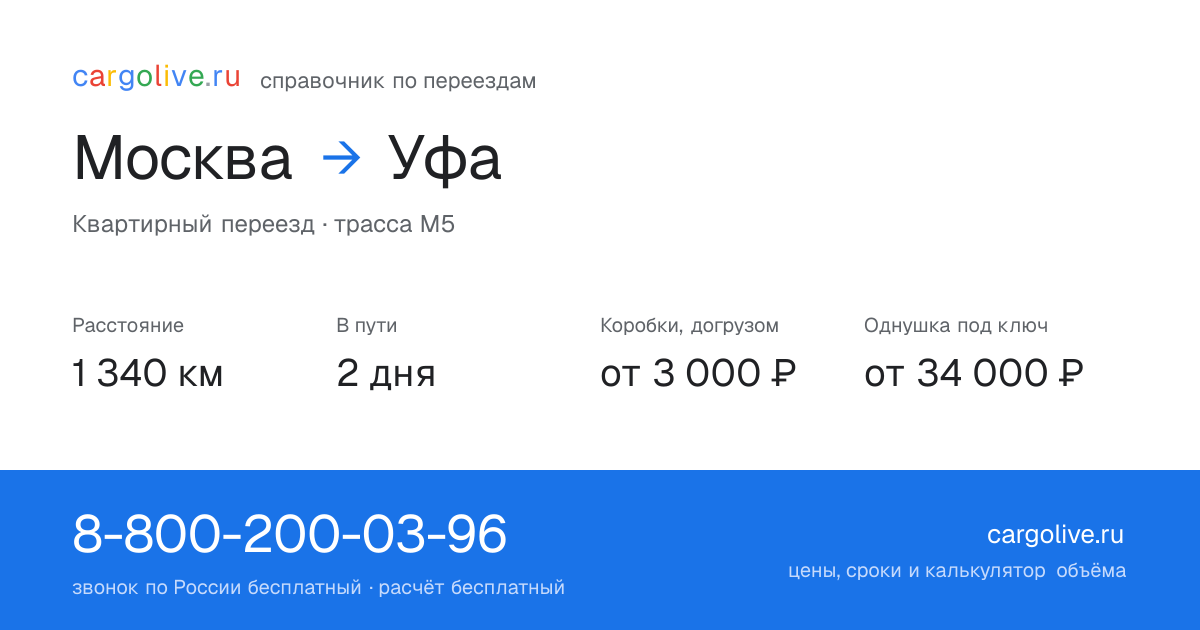 Переезд из Москвы в Уфу: 1 340 км, 2 дня в пути, от 3 000 ₽