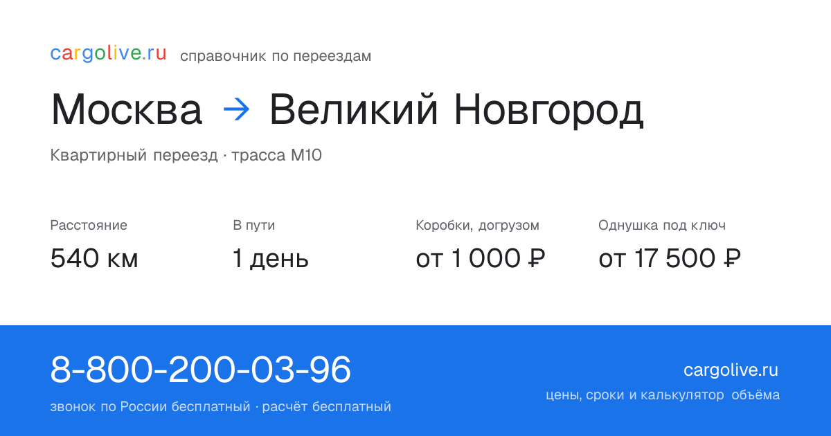 Переезд из Москвы в Великий Новгород: 540 км, 1 день в пути, от 2 000 ₽