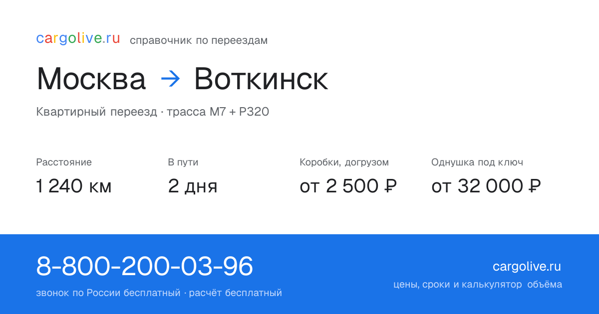 Переезд из Москвы в Воткинск: 1 240 км, 2 дня в пути, от 2 500 ₽