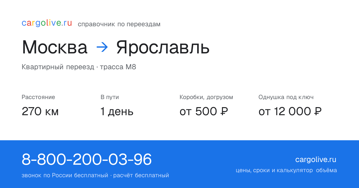 Переезд из Москвы в Ярославль: 270 км, 1 день в пути, от 2 000 ₽