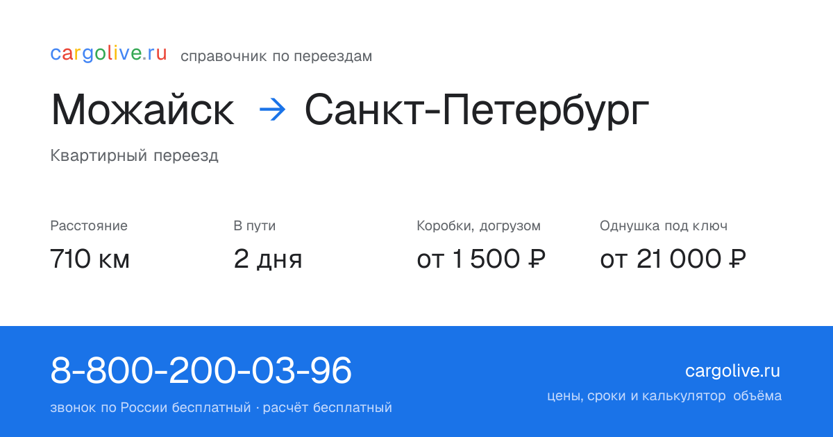 Переезд из Можайска в Санкт-Петербург: 710 км, 2 дня в пути, от 2 000 ₽