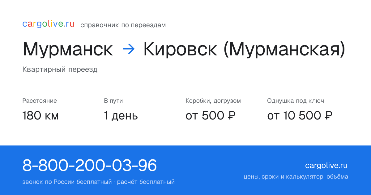 Переезд из Мурманска в Кировск (Мурманская): 180 км, 1 день в пути, от 2 000 ₽