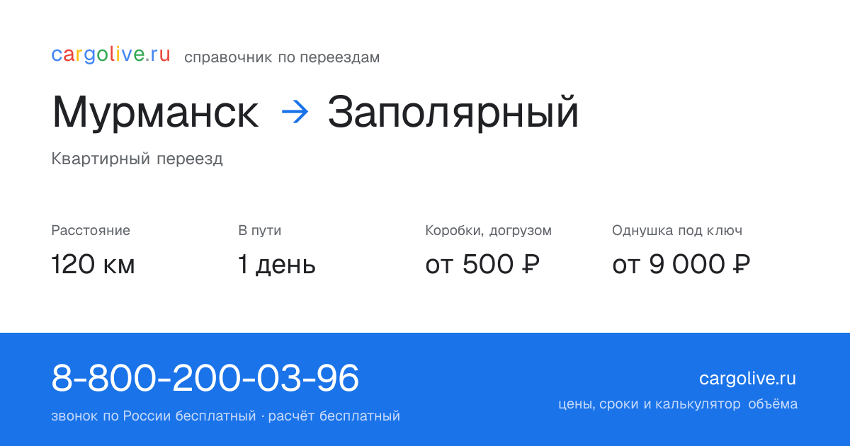 Переезд из Мурманска в Заполярный: 120 км, 1 день в пути, от 2 000 ₽