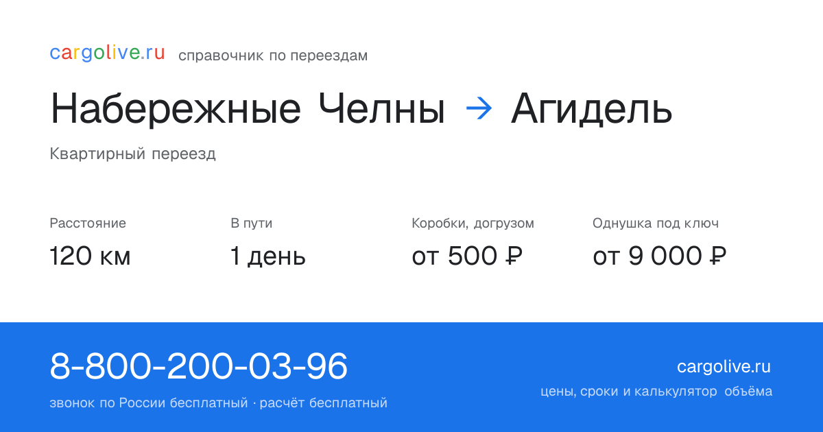 Переезд из Набережных Челнов в Агидель: 120 км, 1 день в пути, от 2 000 ₽