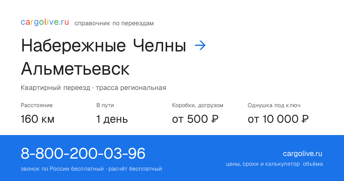 Переезд из Набережных Челнов в Альметьевск: 160 км, 1 день в пути, от 2 000 ₽
