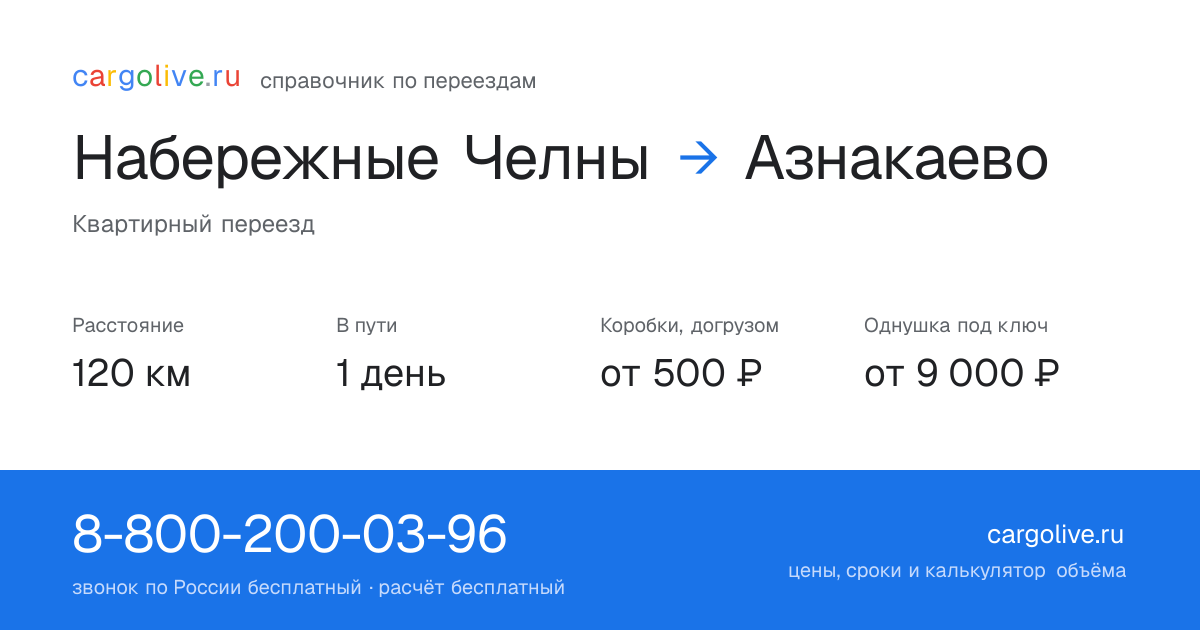 Переезд из Набережных Челнов в Азнакаево: 120 км, 1 день в пути, от 2 000 ₽