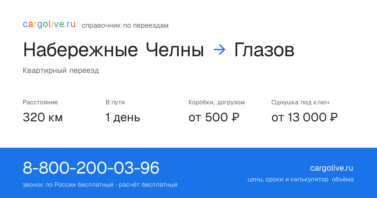 Переезд из Набережных Челнов в Глазов: 320 км, 1 день в пути, от 2 000 ₽