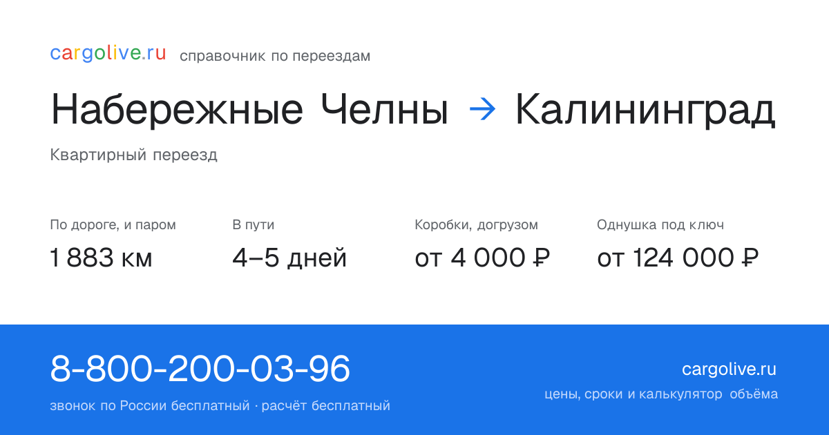 Переезд из Набережных Челнов в Калининград: 1 883 км по дороге и паром, 4–5 дней в пути, от 4 000 ₽